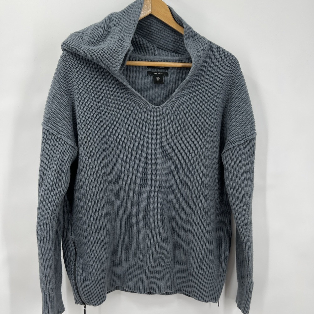 Rachel Zoe Womens Hooded V Neck Cotton Sweater Blue Lg Summer Nights Cruise Wear